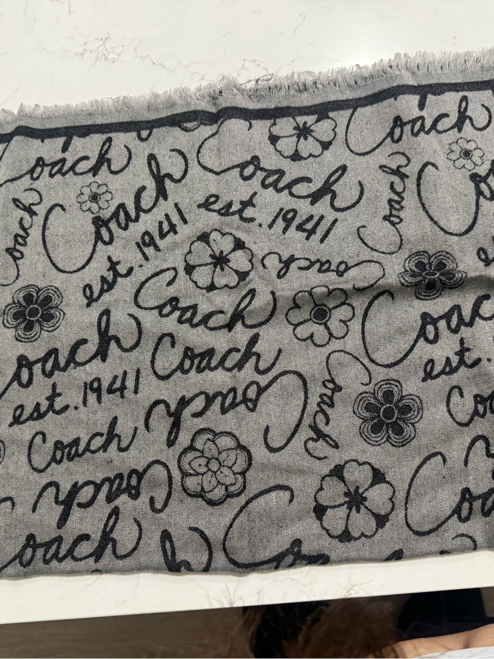 Coach Black and Gray Floral Logo Scarf